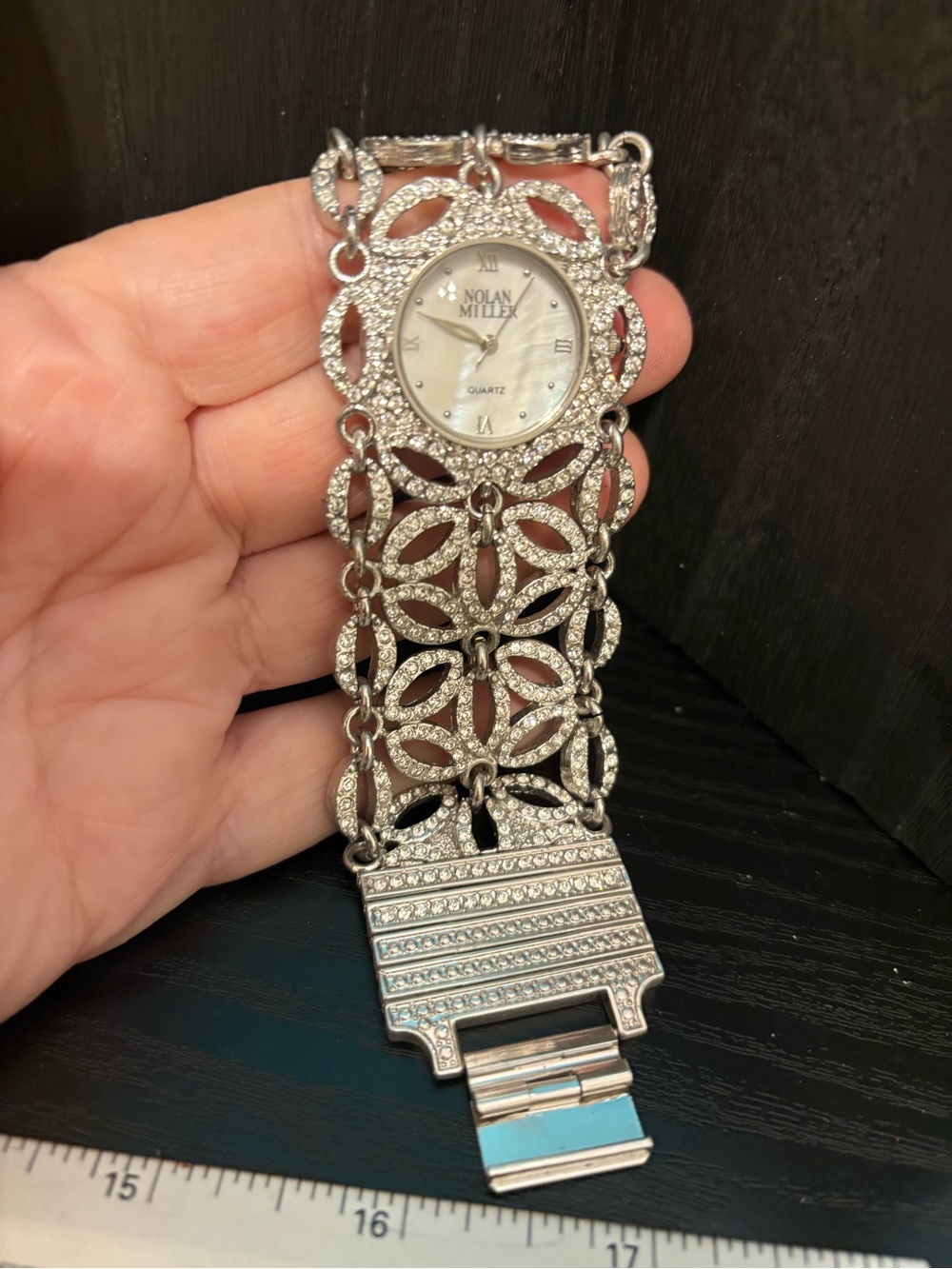 nolan miller watch stunning silver tone rhinestone floral 7.5” needs battery
